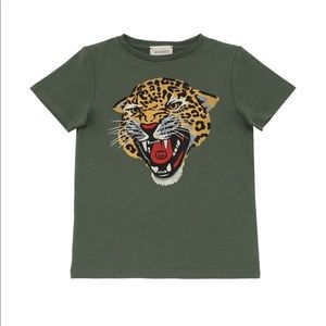 Gucci Green Kids T-Shirt with Leopard Print